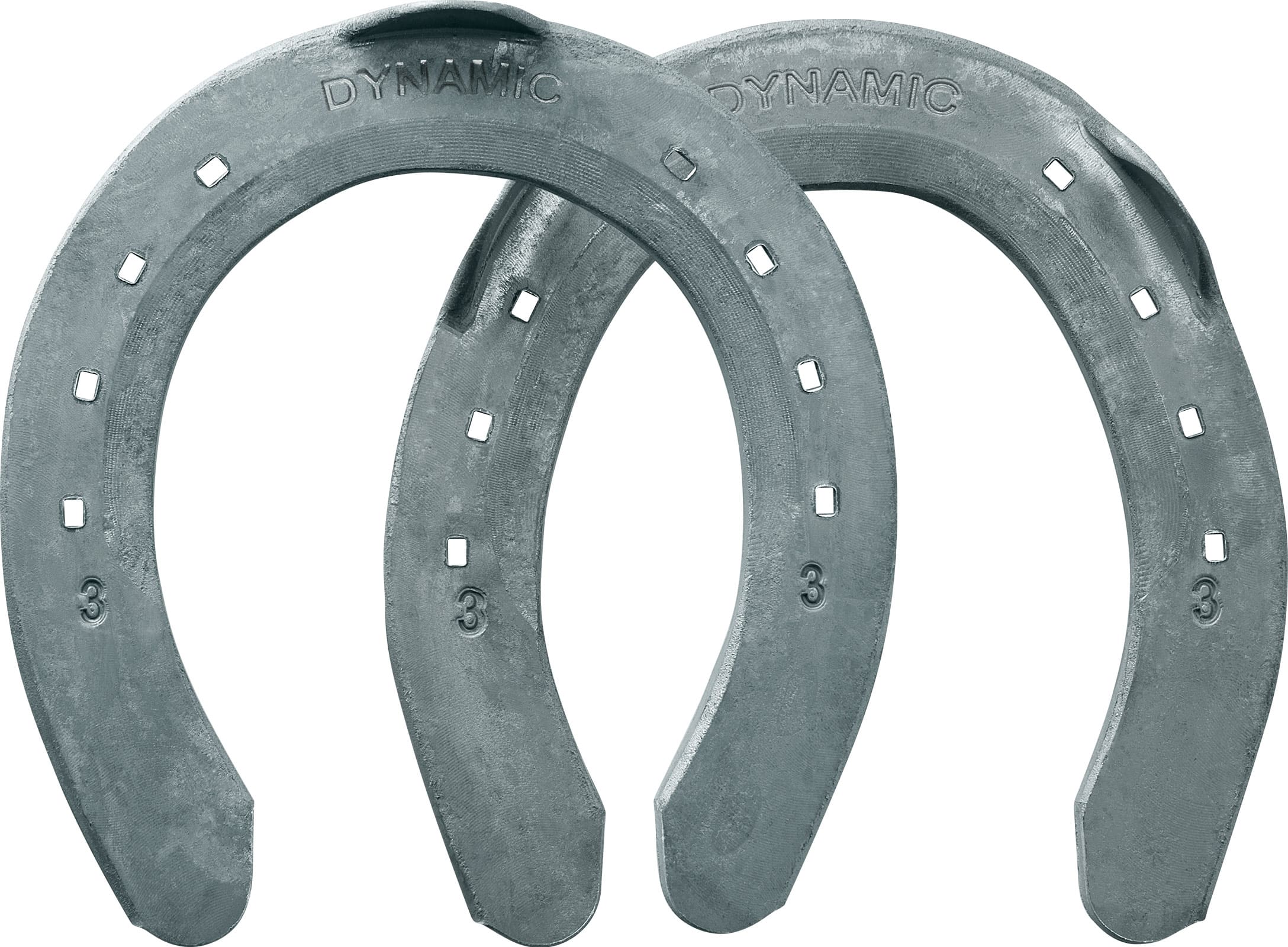 Mustad DynaMic horseshoes, front and hind, bottom view