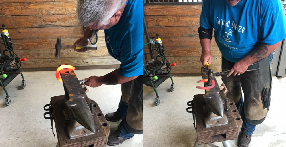 Lonnie shaping a Mustad LiBero front on the anvil